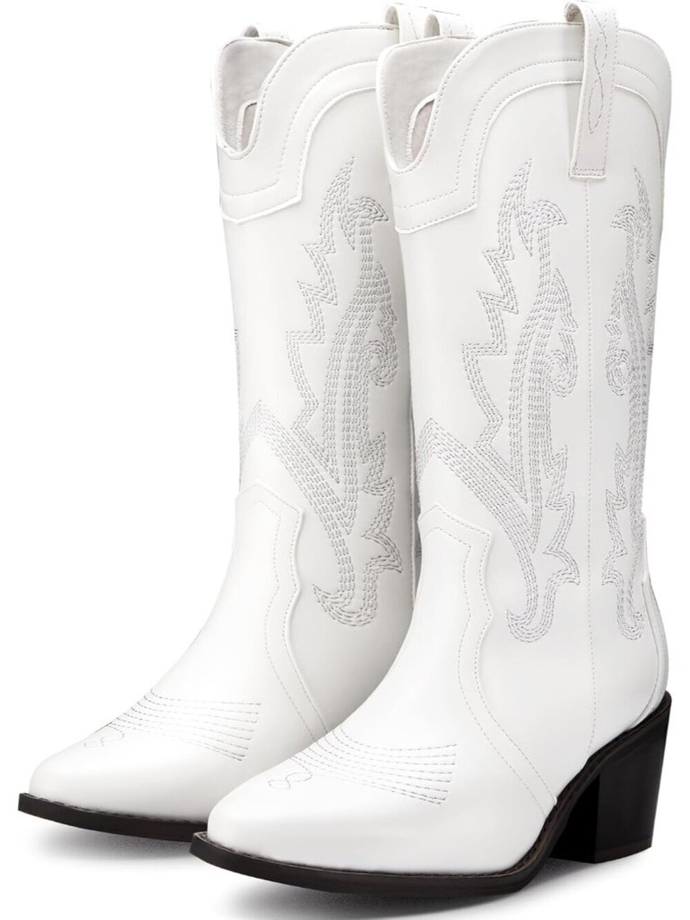 Women's White Cowboy Boots Pointed Toe Western Boots Embroidered Mid Calf Boots - Picture 5 of 7